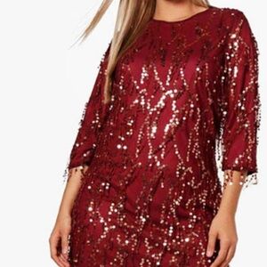 🔥NWT🔥Boohoo Burgundy Sequin Tassel Shift Dress